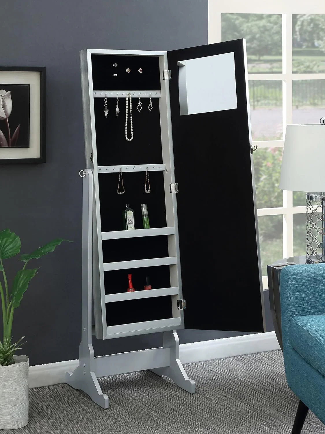 Mounted-style mirror cabinet, featuring jewelry storage function, with a design allowing the entire length to be tilted, rectangular shape - bedroom - silver color