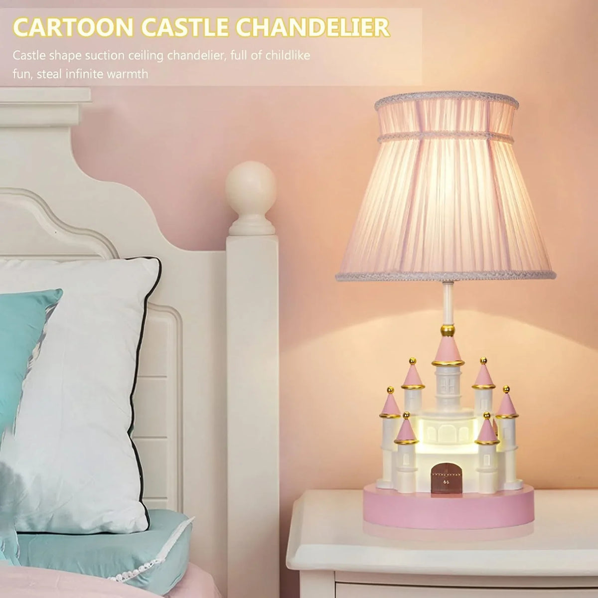 Cartoon children's table. Light pink bedside table. Princess-style cute castle-shaped resin material lamp for girls' bedroom and living room, with fabric shade cover.