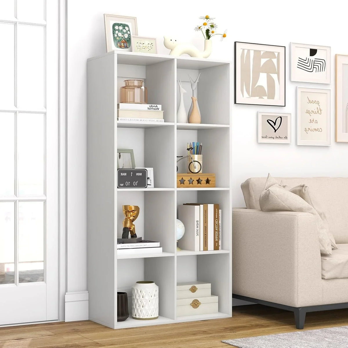 Suitable for two people, floor-standing bookshelf, with an open back panel, anti-toppling device. It is a modern storage display stand suitable for use in family offices, living rooms, bedrooms, and study rooms. White.