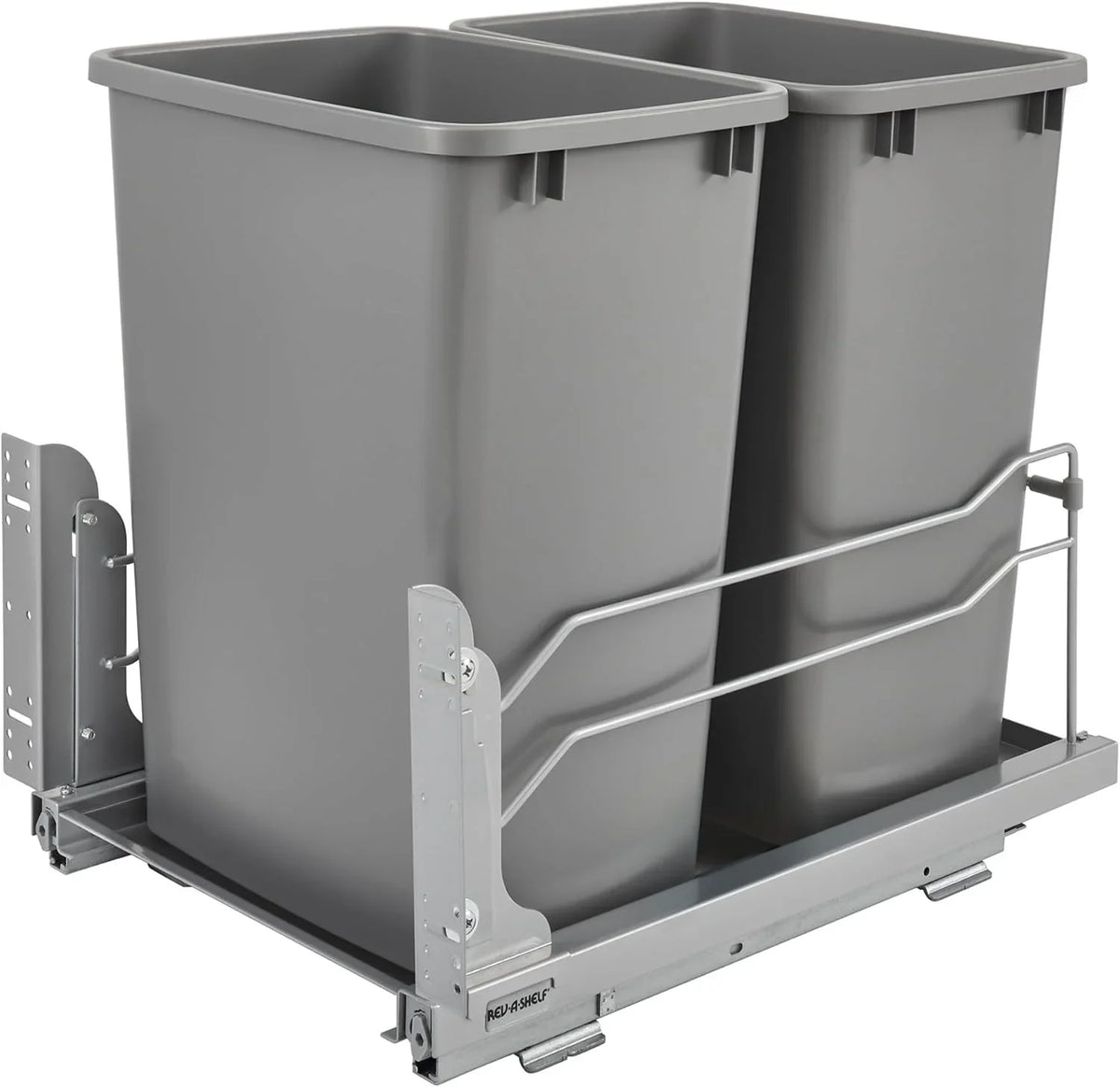 A double pull-out trash can suitable for the bottom of kitchen cabinets, with a capacity of 35 ounces (approximately 0.875 gallons), equipped with a gentle closing sliding mechanism, and in the color of Orison Gray.