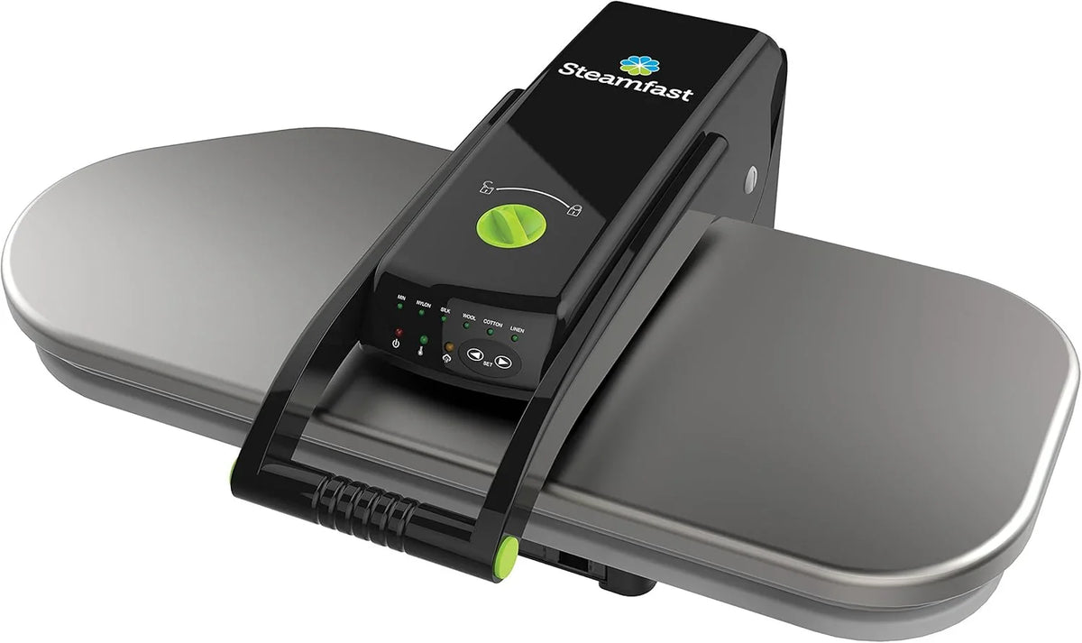 Digital steam press, featuring multiple fabric setting functions and steam impact function, made of stainless steel / black.