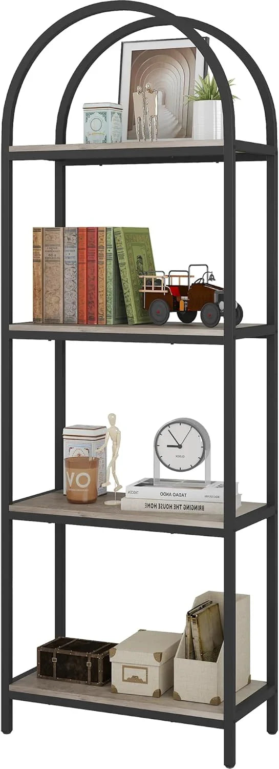 Yusong Bookshelf Rattan Arched Bookcase, 74" Tall Industrial Open Book Shelves Room, Modern Freestanding Boho 5 Tier Display Storage Rack with Metal Frame, Office, Bedroom, Burlywood