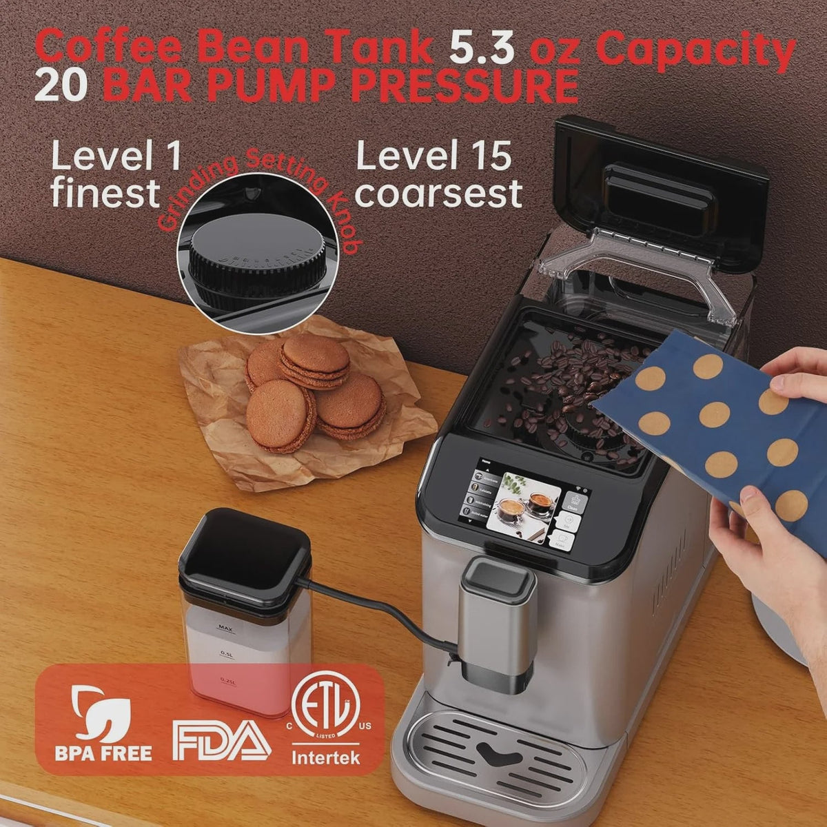 Full Automatic Espresso Machine with Built-In Grinder & Milk Frother - FTF Touchscreen Coffee Maker for Latte/Cappuccino, 20 Bar Pressur & 1.5L...