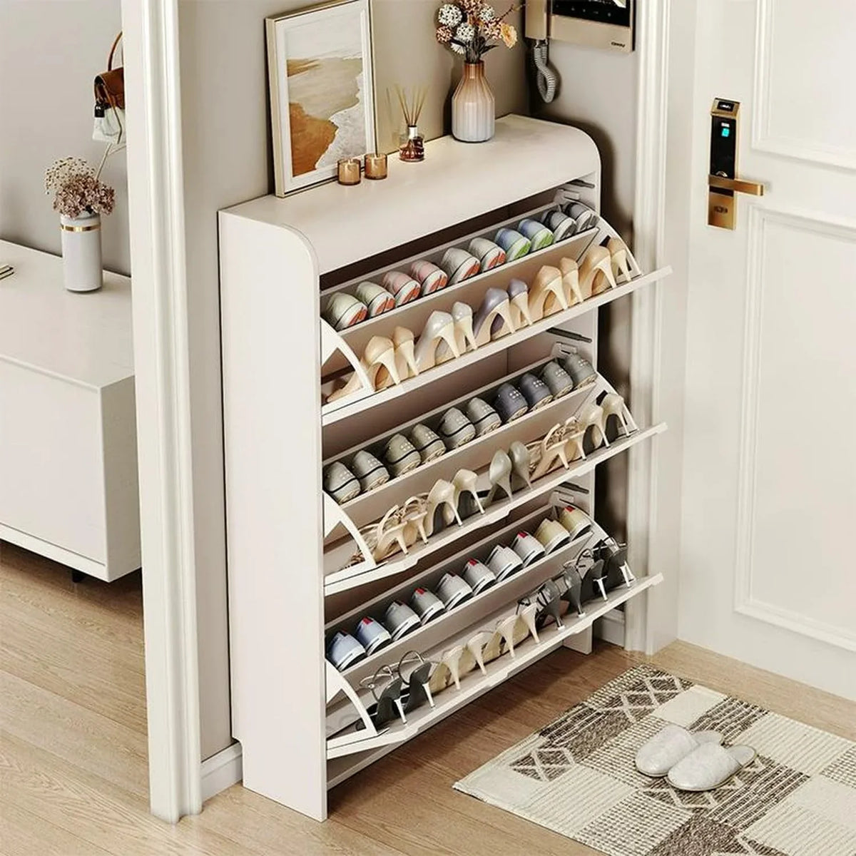 Narrow white artificial wooden shoe cabinet with door, modern entrance shoe rack, standalone hidden shoe cabinet