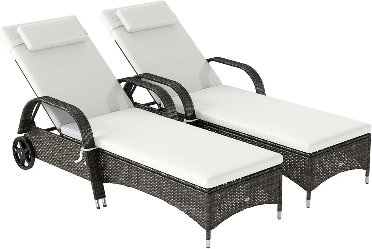 Wicker Outdoor Chaise Lounge, 5-Level Adjustable Backrest PE Rattan Pool Lounge Chair with Wheels, Cushion & Headrest, Brown and Dark Blue