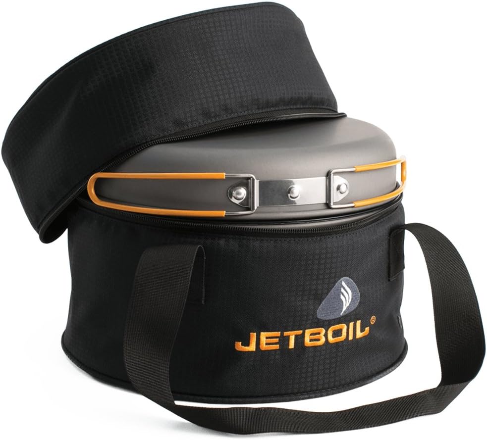 Backpack camping cooking equipment system, including camping cookware, suitable for backpacking and camping use.