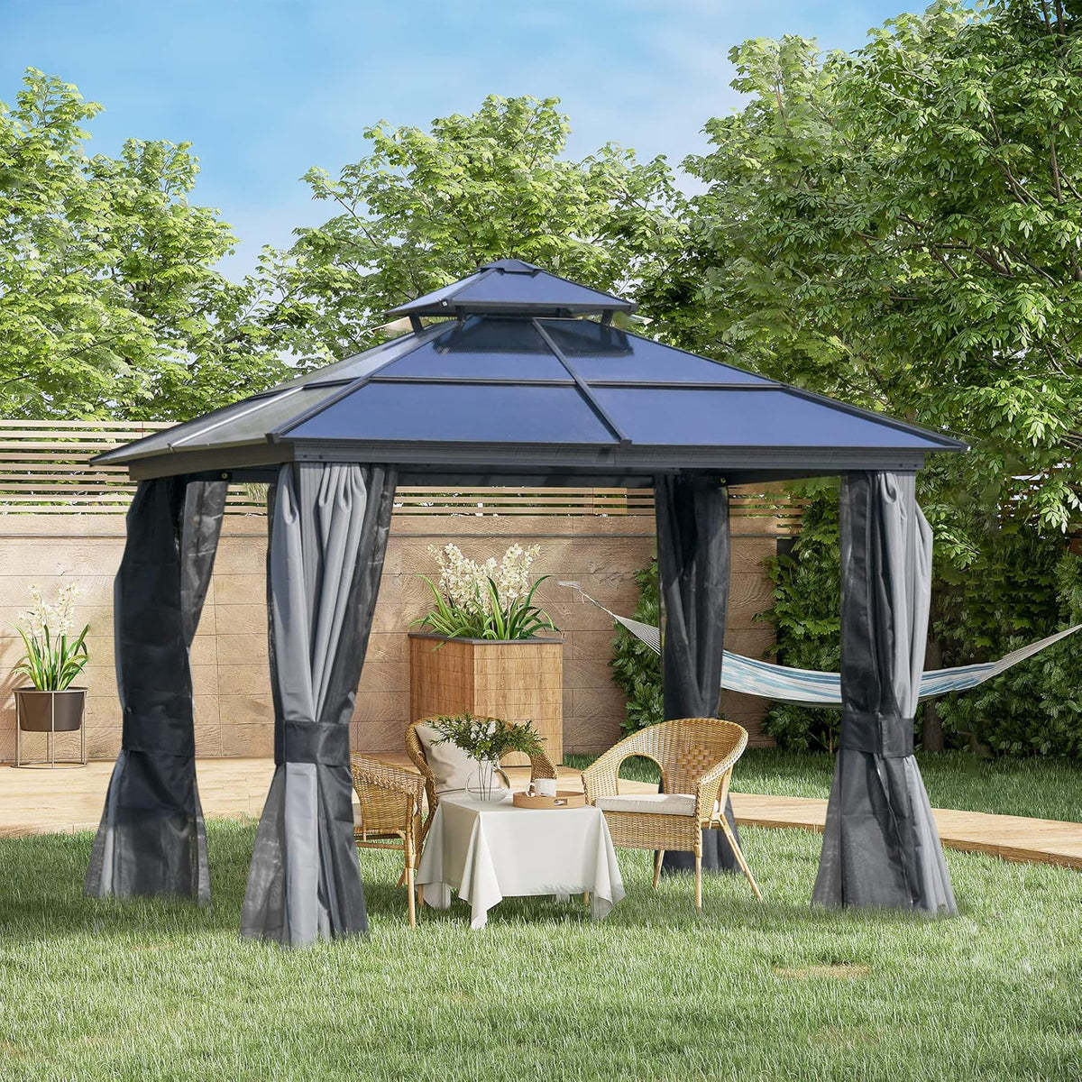 10 feet x 12 feet hard-top awning canopy, polycarbonate roof, aluminum frame, permanent outdoor awning, with net cover, suitable for patios, gardens, backyards, terraces, lawns, grasslands, light gray.