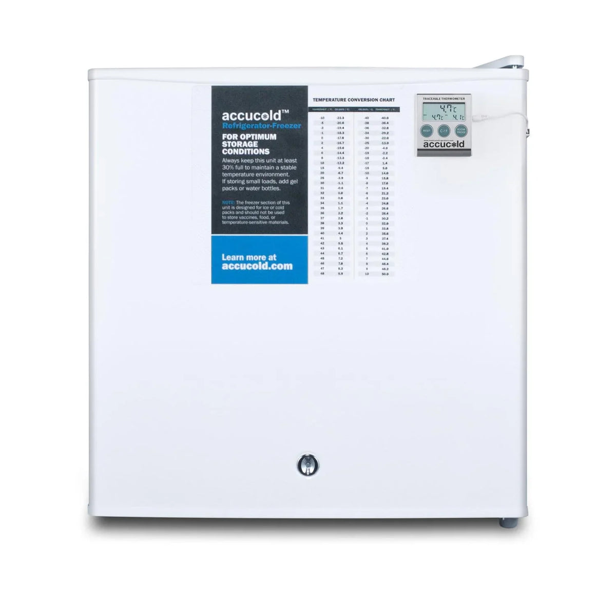 Compact refrigerator freezer, suitable for general use, with a white appearance, equipped with a NIST calibrated thermometer, manual defrosting device, hospital-grade power cord and front locking mechanism.