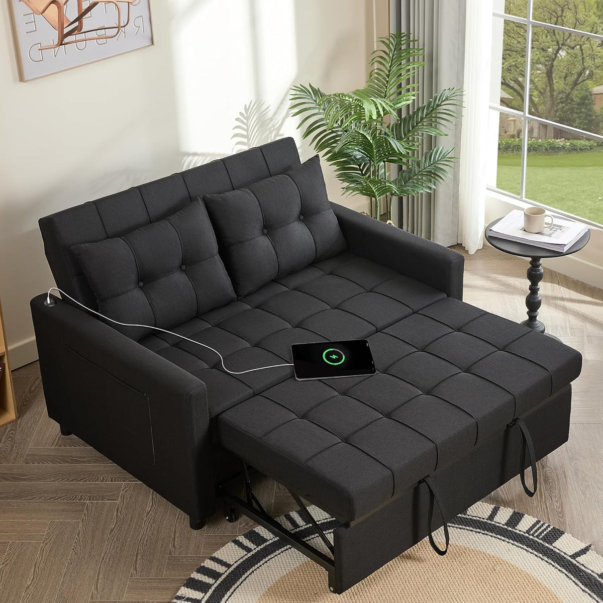 52" Sleeper Sofa with Pull-Out Bed, 3-in-1 Convertible Sofa Bed, Loveseat with Adjustable Backrest and Side Pocket, Room Apartment, Linen, Dark Grey