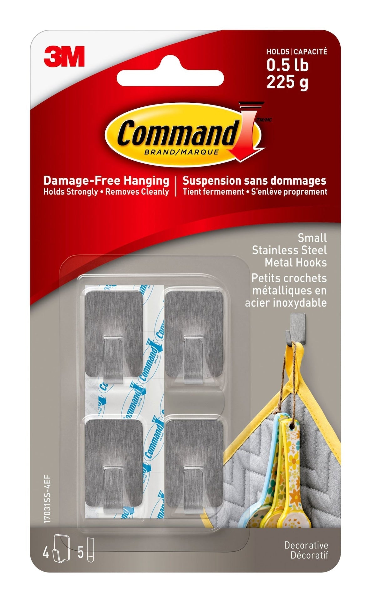 Command Small Stainless Steel Metal Hooks with Adhesive Strips, Silver, 0.5-lbs, 4 Strips per Pack