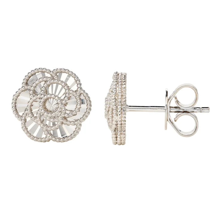 Diamond Cut Textured Flower Stud Earrings in White Gold