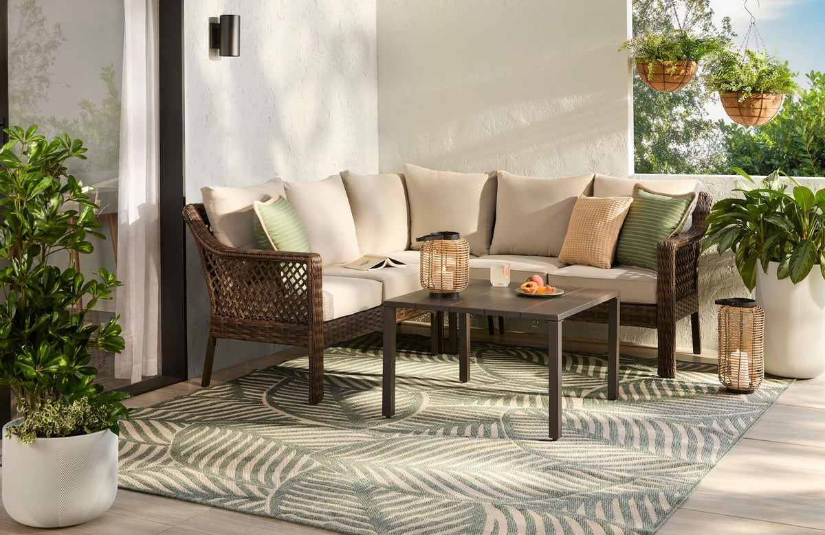 Bracebridge All-Weather Wicker Outdoor Patio Sectional with Woodgrain Steel Table Top, Brown, 3-pc