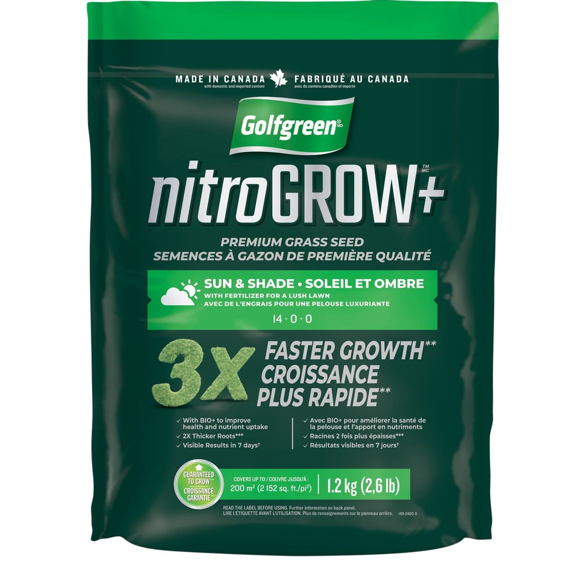 Nitrogrow+ Premium Nitrogen Enriched Sun and Shade Grass Seed with Fertilizer, 14-0-0, 1.2kg