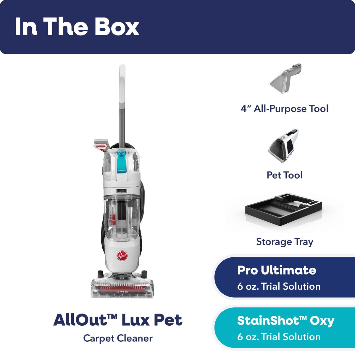 Hoover AllOut Lux Pet Carpet Cleaner with Above Floor Cleaning, StainShot Technology, Debris Catch, Edge to Edge Cleaning & Faster Drying