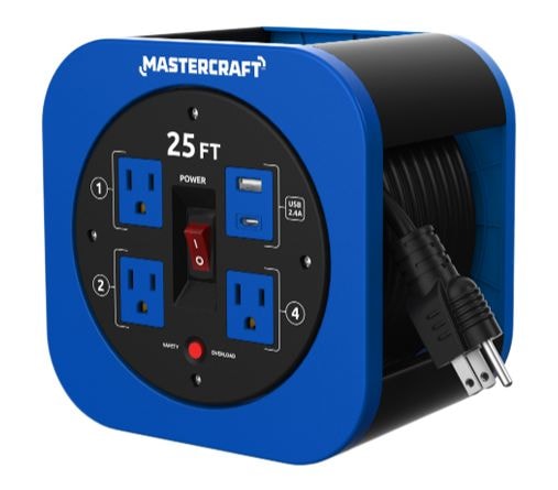25-ft 13A 3-Outlet/1 USB-A and 1 USB-C Extension Cord Reel