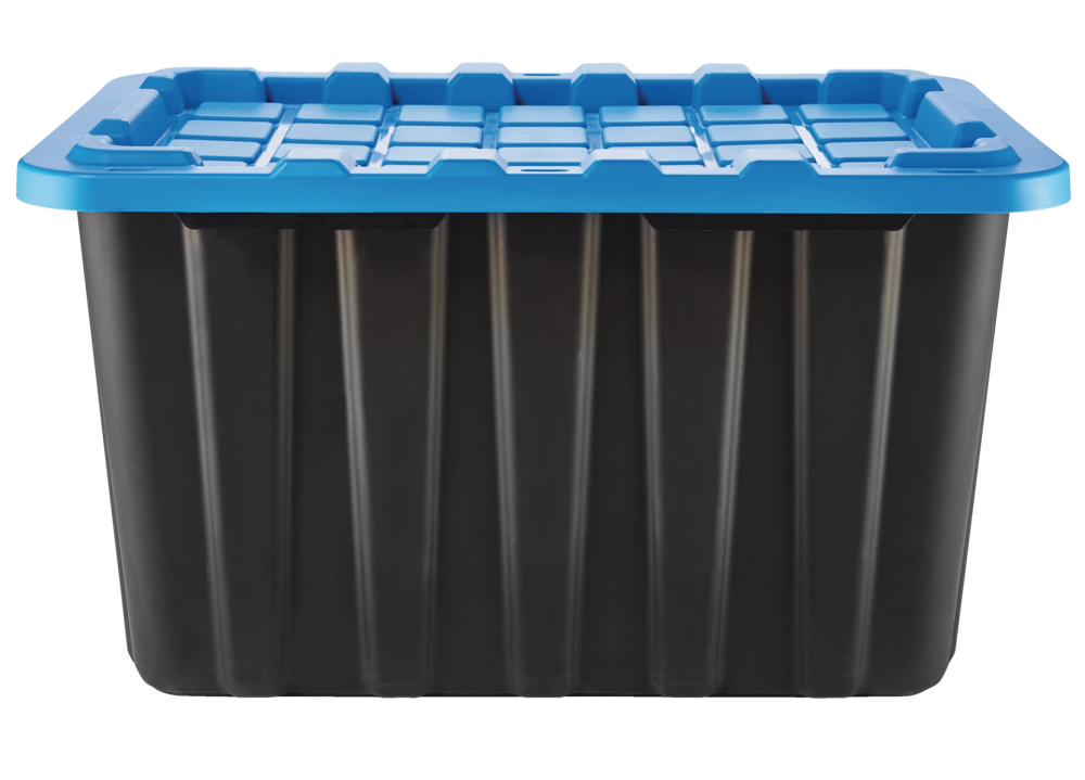 Heavy Duty Stackable Storage Box with Lid, 102-L, Black/Blue