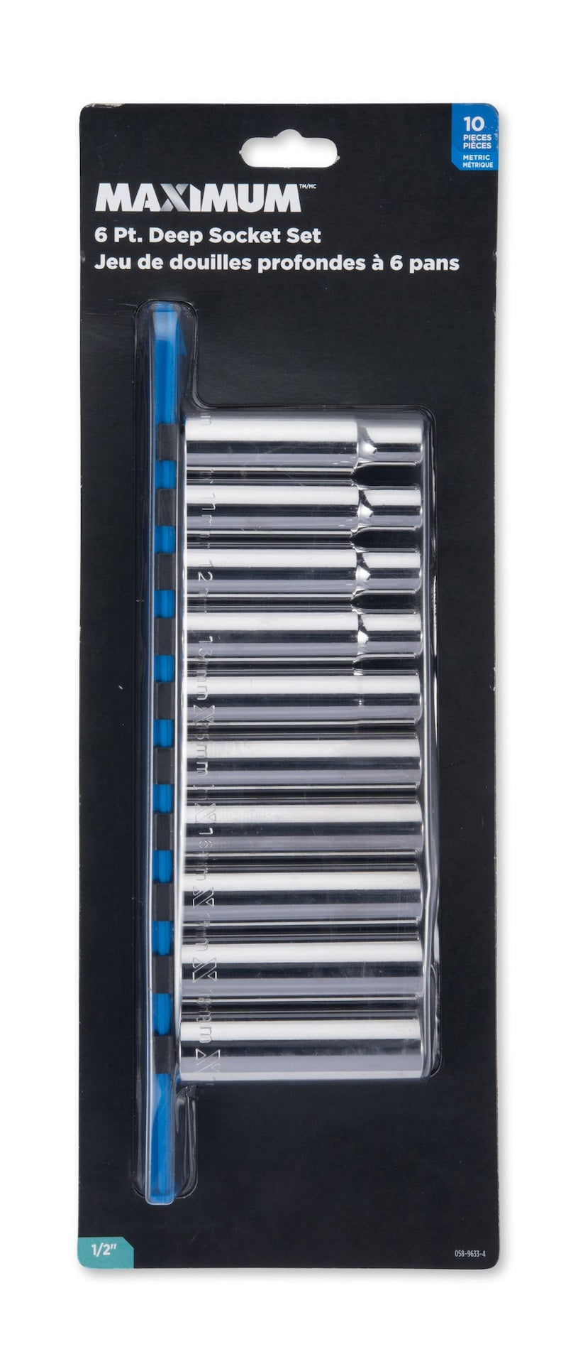 MAXIMUM 1/2-in Drive 6 Pt. Deep Socket Set, Metric, Nickel-Chrome Plating, 10-pc