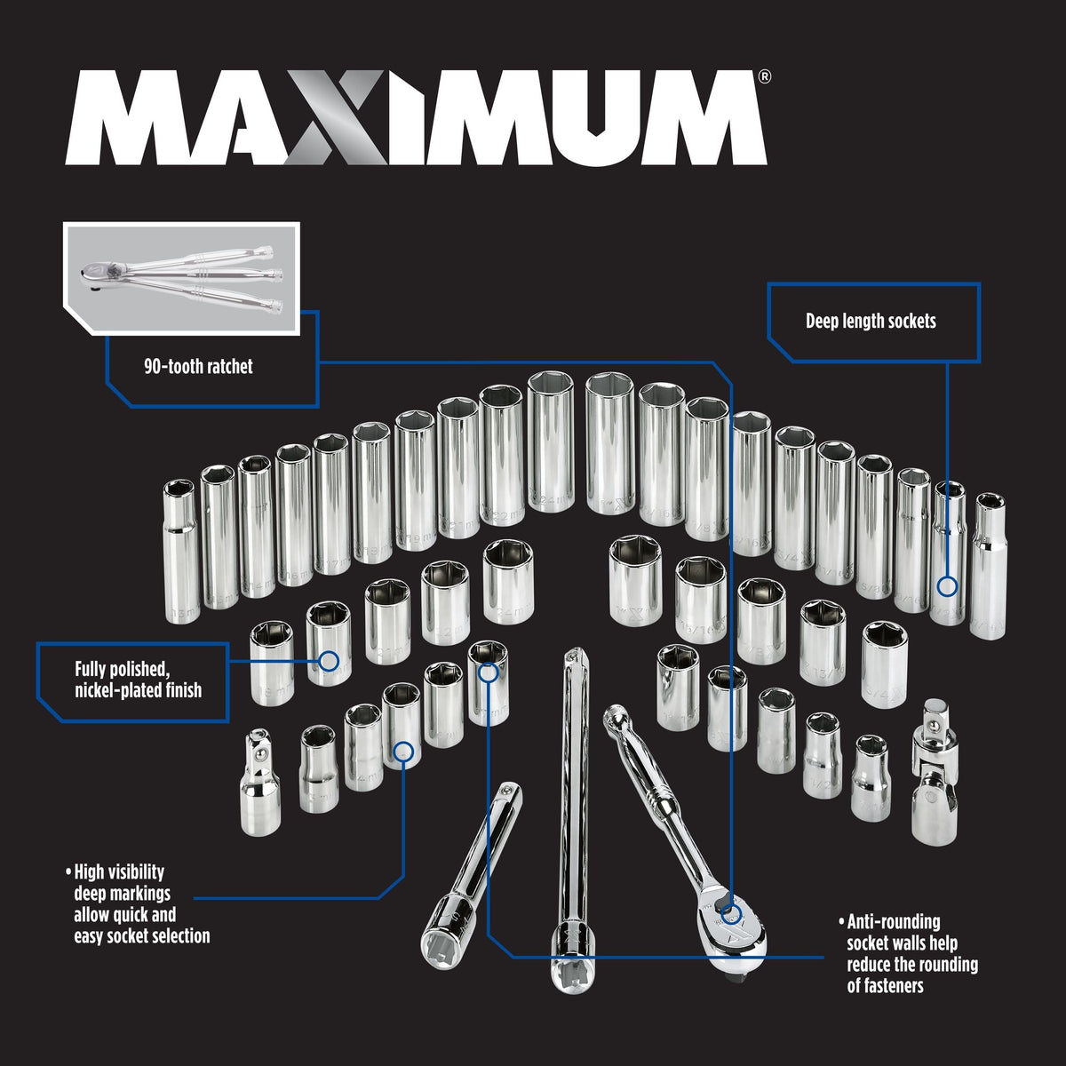 MAXIMUM 1/2-in Drive Professional Grade Socket Set, 45-pc, SAE/Metric, CRV, Nickel-Chrome Plating