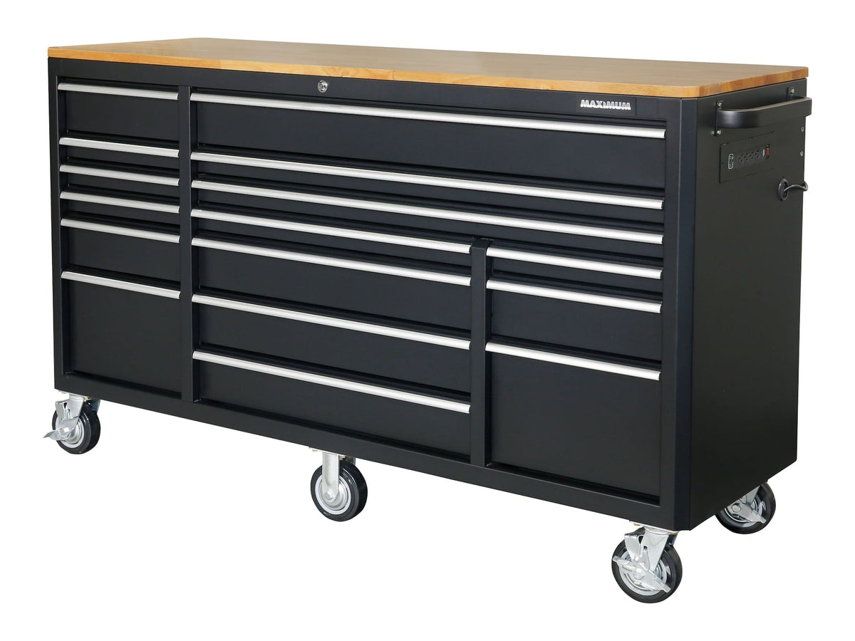MAXIMUM Tool Cabinet with Wood Top and 4-Outlet Power Strip, Black, 74x24-in