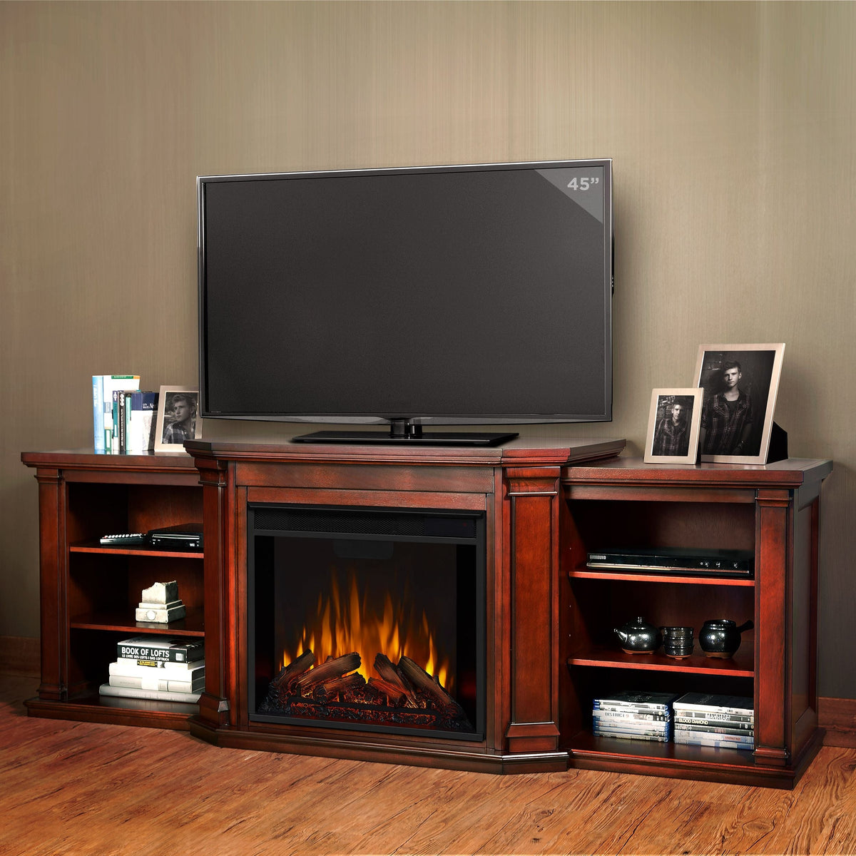 Valmont Media Indoor Electric Fireplace TV Stand, 74-in, 1500W, Includes Remote Control & Firebox, Dark Mahogany