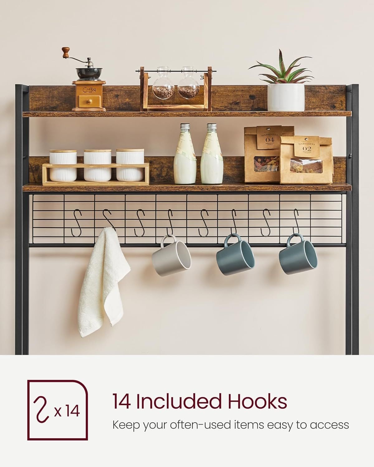 Home Rustic Brown Baker's Rack with 4 AC Outlets