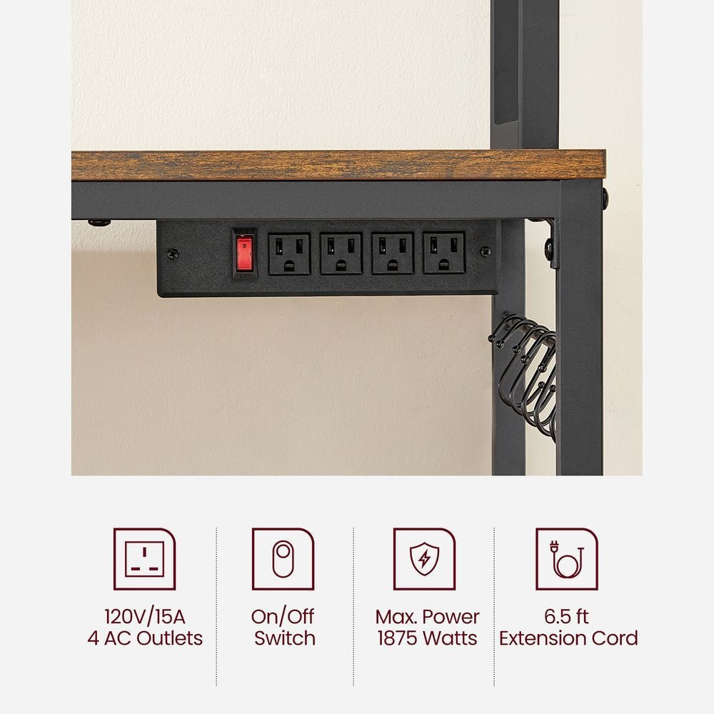 Home Rustic Brown Baker's Rack with Charging Station