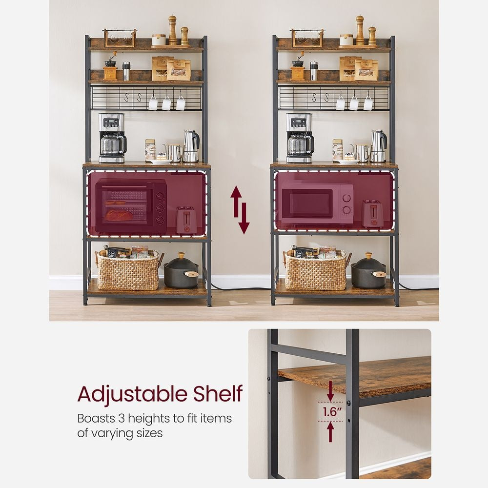 Home Rustic Brown Baker's Rack with Charging Station