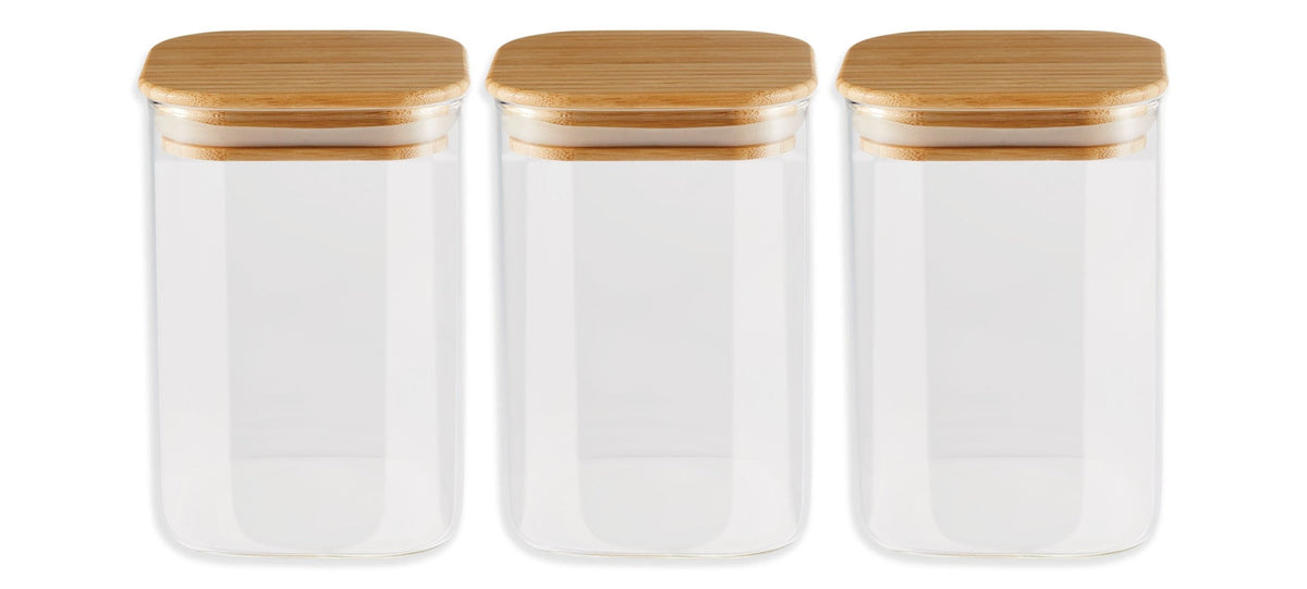 Square Glass Pantry Storage Container Set with Airtight Bamboo Lid, 3 Count