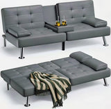 Futon Sofa Bed, Leather Futon Couch with Removable Armrests, Adjustable Recliner Sleeper Sofa Bed with Dual Cup Holders Room, Apartment, Office (Black)