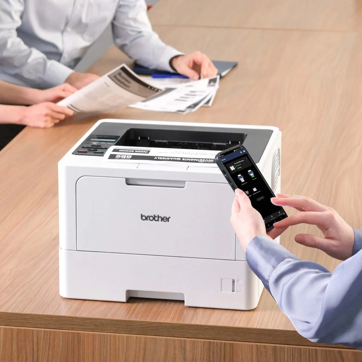 Business single-color laser printer, equipped with dual paper trays, wireless network and gigabit Ethernet connection, double-sided printing, large-capacity paper storage and mobile printing function, white model