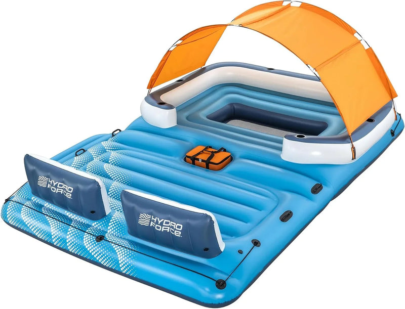 Tropical Breeze 6 Person Inflatable Party Island Large Relaxing Water Float with Detachable Sunshade and Cooler Bag U6886