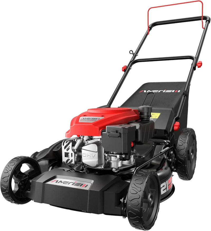 21" Steel Deck Gas Lawn Mower, Heavy-Duty 3-in-1 Push Mower, 144cc 4-Stroke Engine, 6-Position Height Adjustment, Large 1.4 Bushel Grass Catcher, Durable & Efficient for Yard & Garden X2599