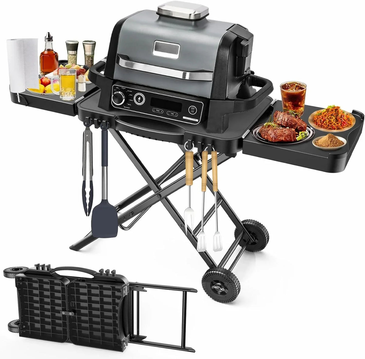 Outdoor Grill Table Cart 57"x24"x35", Outdoor Kitchen Island with Storage & Large Tabletop for Griddle, Pizza Oven, Ninja Woodfire Grill, BBQ Station, Dining Cart, Rolling BBQ Table