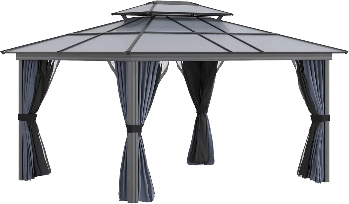 10 feet x 12 feet hard-top awning canopy, polycarbonate roof, aluminum frame, permanent outdoor awning, with net cover, suitable for patios, gardens, backyards, terraces, lawns, grasslands, light gray.