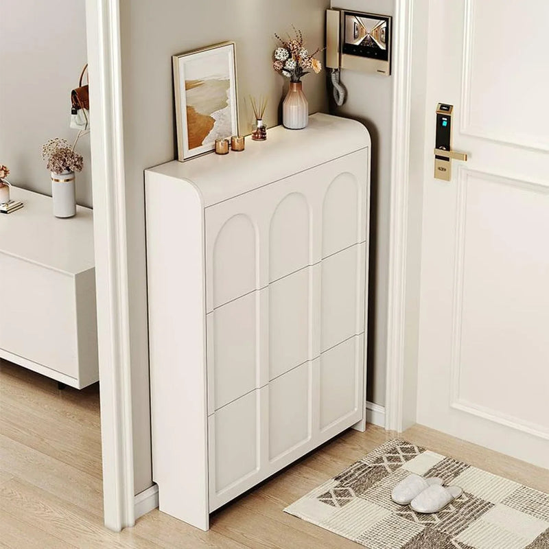 Narrow white artificial wooden shoe cabinet with door, modern entrance shoe rack, standalone hidden shoe cabinet L2331