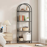 Yusong Bookshelf Rattan Arched Bookcase, 74" Tall Industrial Open Book Shelves Room, Modern Freestanding Boho 5 Tier Display Storage Rack with Metal Frame, Office, Bedroom, Burlywood