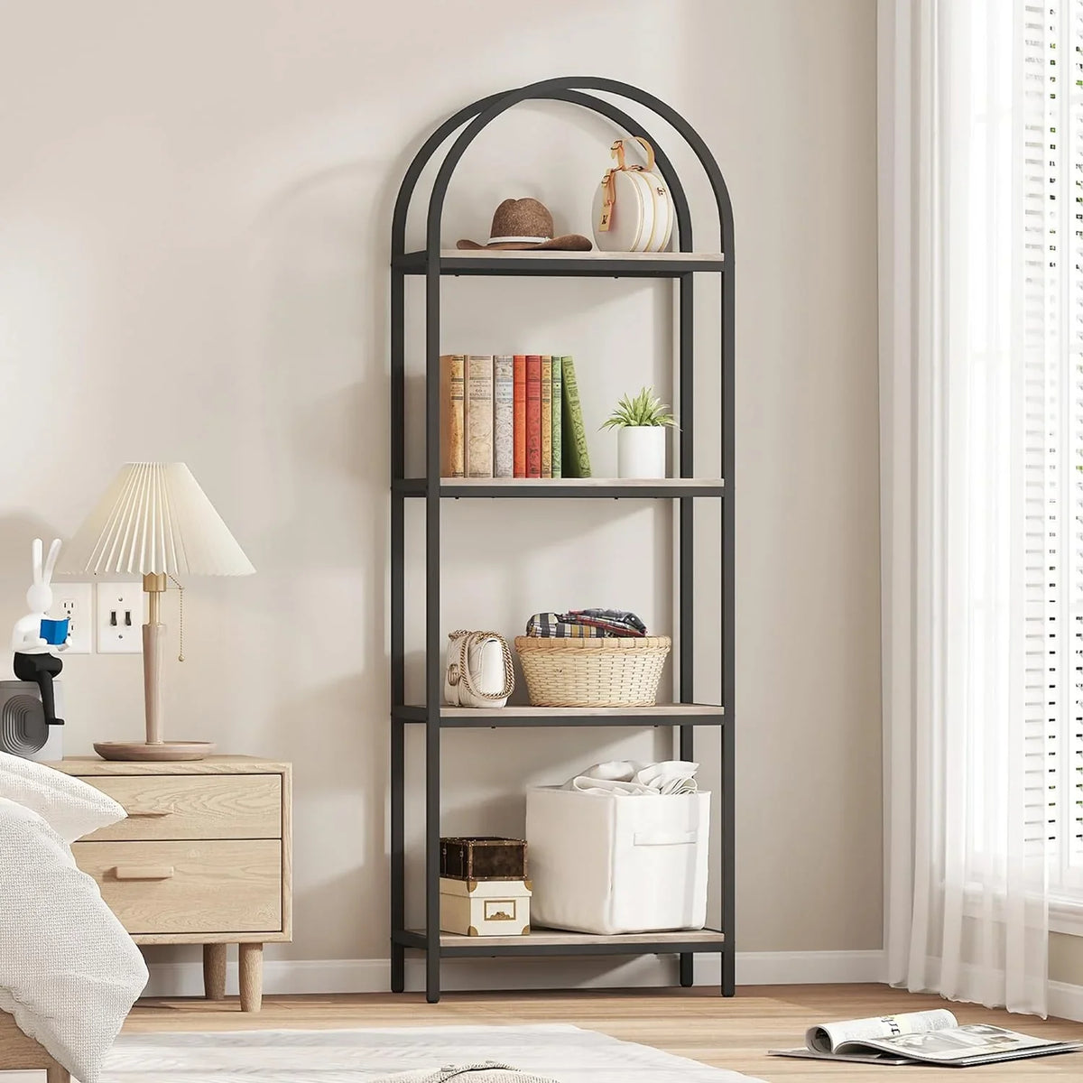 Yusong Bookshelf Rattan Arched Bookcase, 74" Tall Industrial Open Book Shelves Room, Modern Freestanding Boho 5 Tier Display Storage Rack with Metal Frame, Office, Bedroom, Burlywood