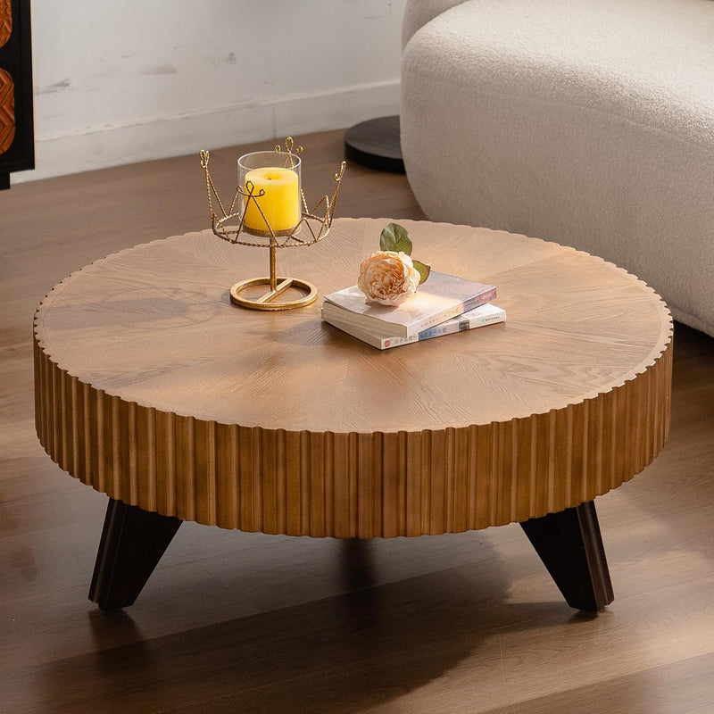 35" Contemporary Round Coffee Table, Coffee Tables Blending Traditional Decor, Solid Wood Center Table Room, Natural J1380