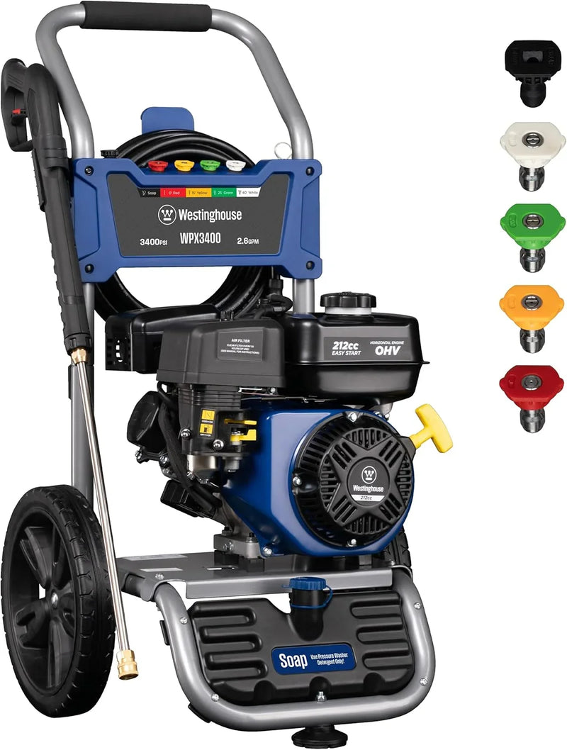 WPX3400 Gas Pressure Washer, 3400 PSI and 2.6 Max GPM, Onboard Soap Tank, Spray Gun and Wand, 5 Nozzle Set, for Cars/Fences/Driveways/Homes/Patios/Furniture T3186