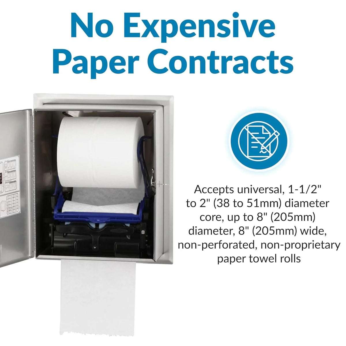 Automatic roll towel dispenser, semi-integrated design, matte stainless steel material, adjustable sensor, LED light guide, no contact operation, AC adapter/battery power supply, universal roll towel compatibility