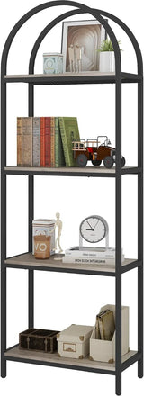 Yusong Bookshelf Rattan Arched Bookcase, 74" Tall Industrial Open Book Shelves Room, Modern Freestanding Boho 5 Tier Display Storage Rack with Metal Frame, Office, Bedroom, Burlywood