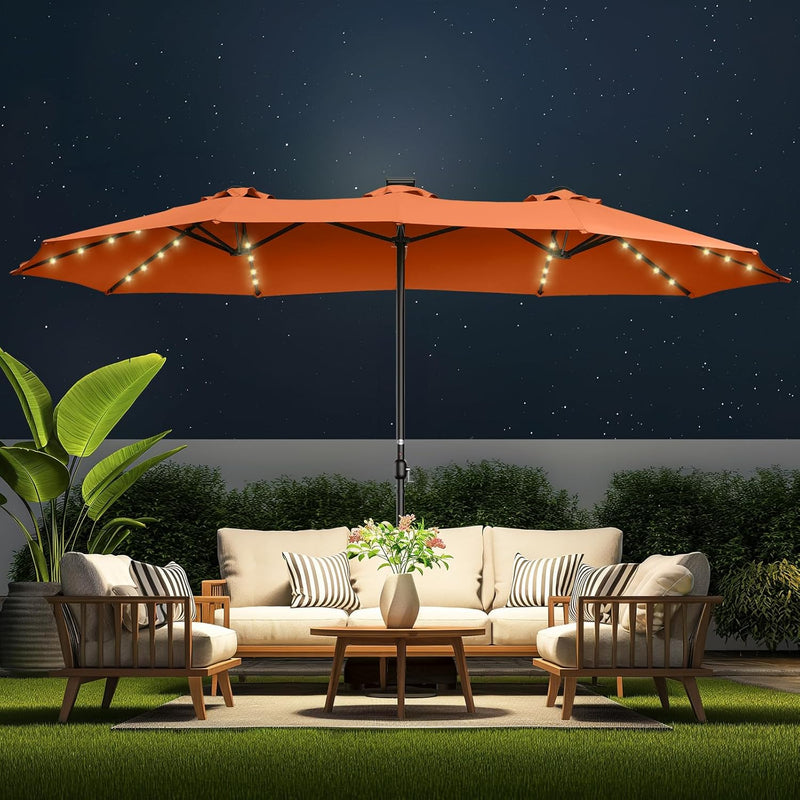 Double Sided Patio Umbrellas - 15ft Solar Lights LED Lighted Outdoor Extra Large Market Table Umbrella with Base Included, Oversized Umbrella for Deck, Pool, Backyard (Beige) Z4871