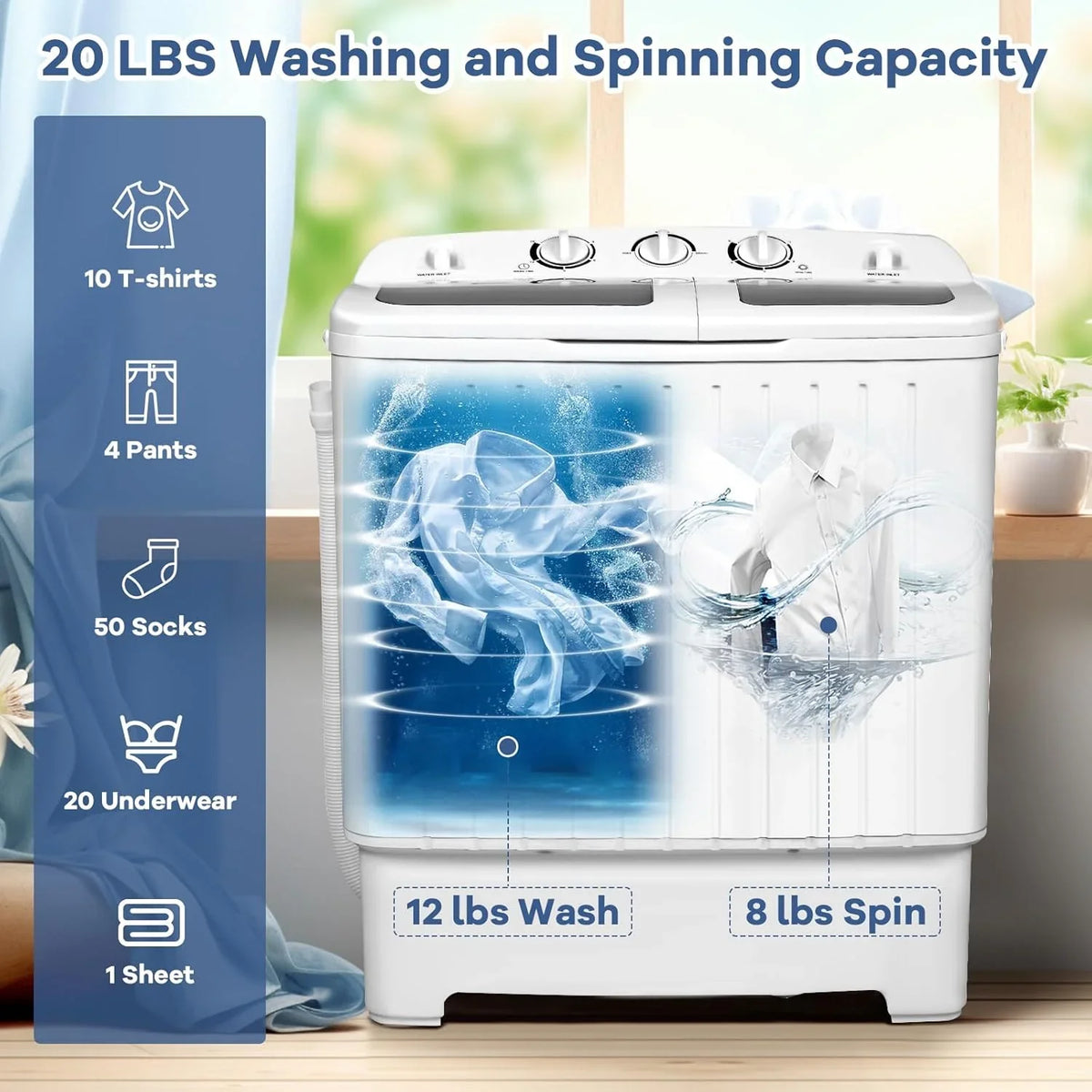 Portable mini compact two-cylinder washing machine (17.6 pounds) - Spanish model, rotary type, blue white