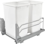 A double pull-out trash can suitable for the bottom of kitchen cabinets, with a capacity of 35 ounces (approximately 0.875 gallons), equipped with a gentle closing sliding mechanism, and in the color of Orison Gray.