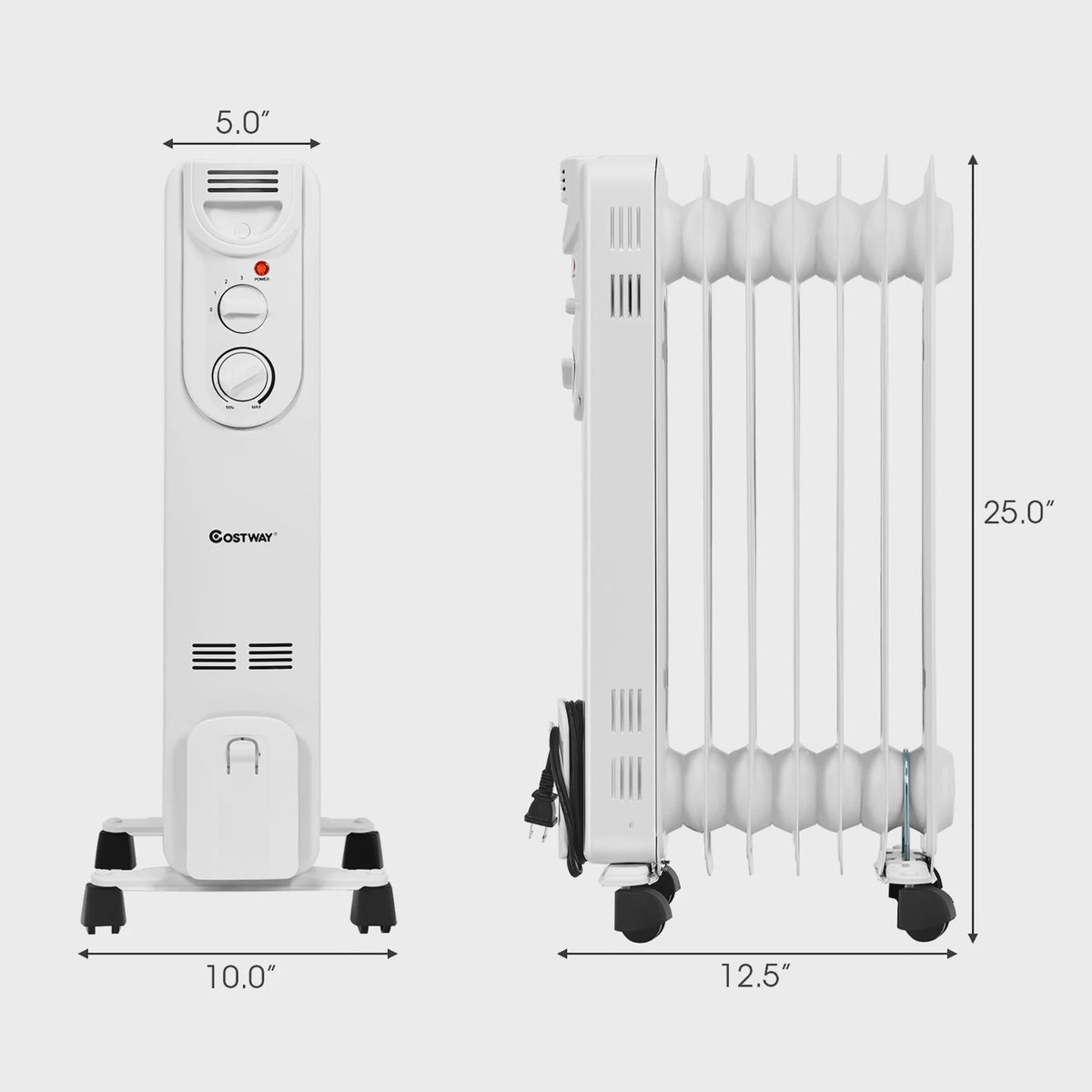 1500W Electric Oil Filled Radiator Space Heater 5-Fin Thermostat Room Radiant