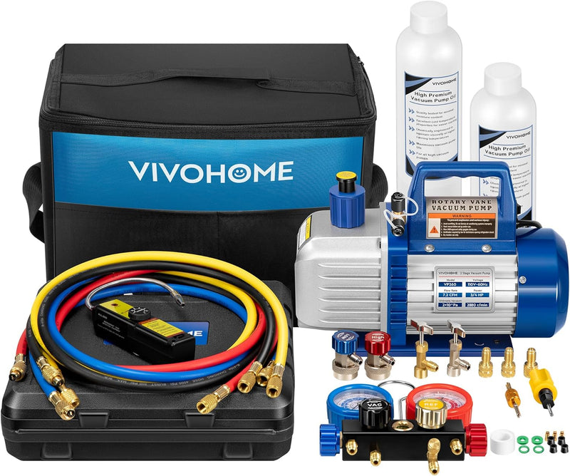 110V 1/4 HP 3.5CFM Single Stage Rotary Vane Air Vacuum Pump and AC Manifold Gauge Set Kit with Thermometer for R134a R12 R22 R502 R410a HVAC Air Conditioning Refrigeration Recharging Red U3696