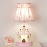 Cartoon children's table. Light pink bedside table. Princess-style cute castle-shaped resin material lamp for girls' bedroom and living room, with fabric shade cover.