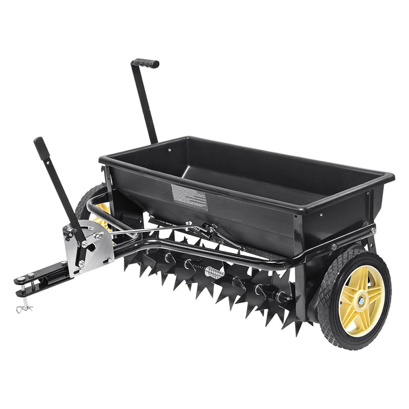 Broadcast seeder, 100-pound tractor-mounted rear polyethylene seeder with 10-inch wheels, equipped with a steel spike weeder, fertilizer spreader, garden seeder and salt spreader, suitable for residences, farms, rough terrain, and black pavement. U9056