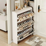 Narrow white artificial wooden shoe cabinet with door, modern entrance shoe rack, standalone hidden shoe cabinet
