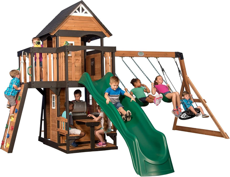 Gorge Creek Pure Pine Swing Set, Playhouse with Barbecue Grill, Plastic Utensils, Picnic Area, Steering Wheel, Double-Padded Swing, Rock Climbing Wall, Balcony, Terrace, Mesh Swing (Green Slide) H7704